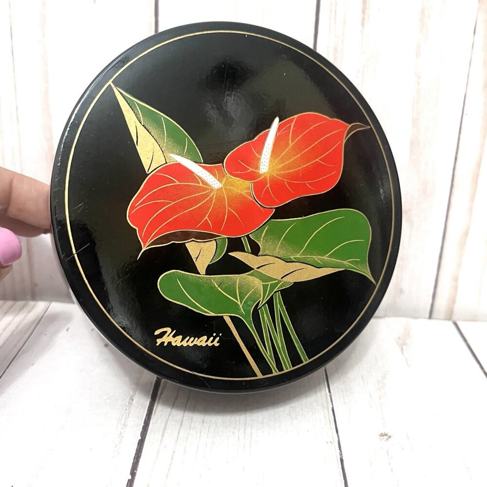 Vintage Japan Anthurium Black Lacquer (6) Coaster Set With Storage Box